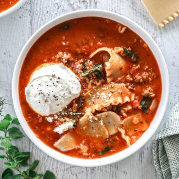 Lasagna Soup topped with cottage cheese.