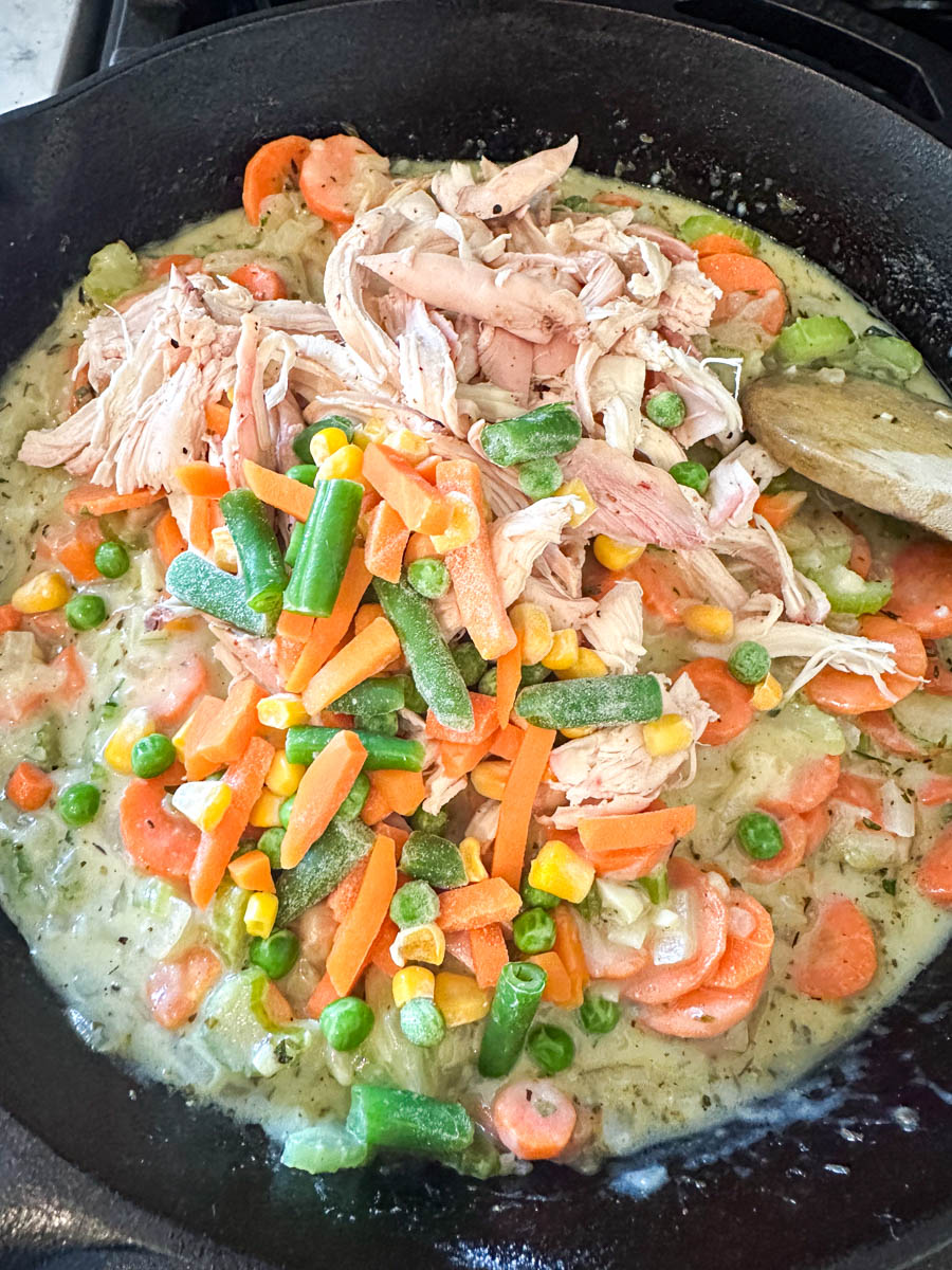 Carrots, onion, celery in a cream sauce with shredded chicken.