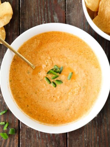 Cottage Cheese Queso Dip in a white bowl.