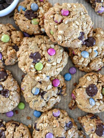 Gluten-Free Monster Cookies on a baking sheet.