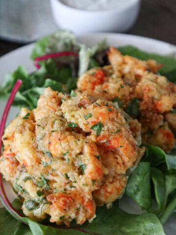 Two lobster cakes on a bed of spring greens with yogurt dill sauce in the background.