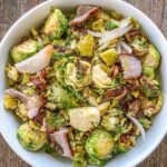Maple Bacon Brussels sprouts in a white bowl.