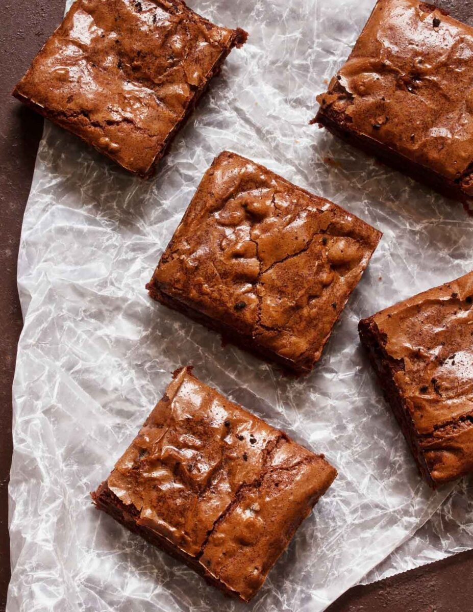 Sourdough brownies on parchment paper.