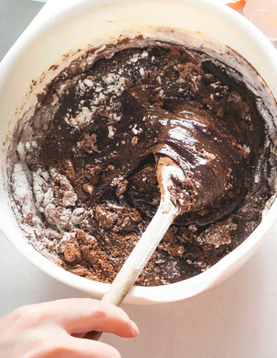 Sourdough brownie batter being mixed.