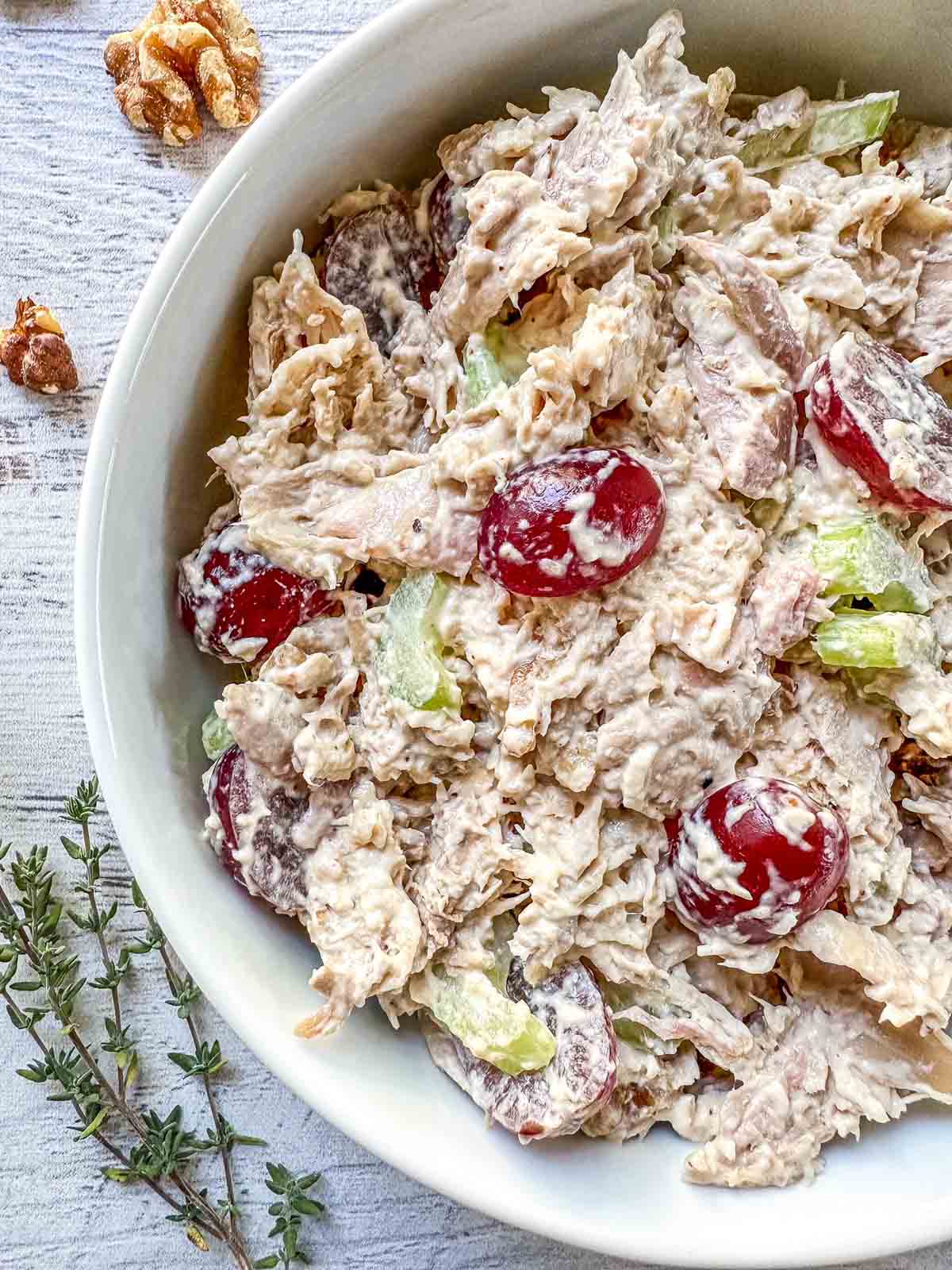 California Chicken Salad in a white bowl.