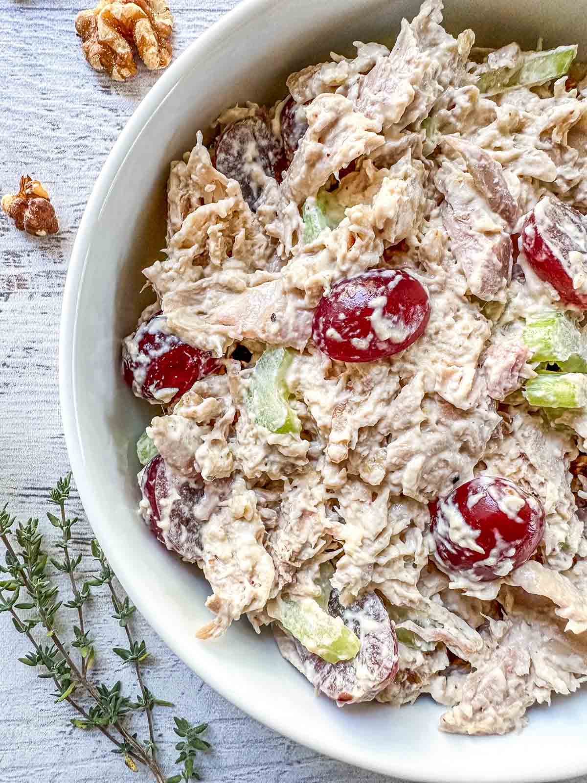 California Chicken Salad in a white bowl.
