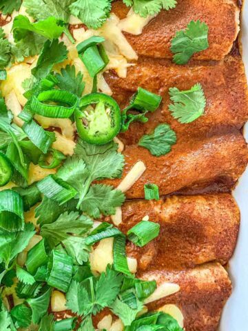 Gluten-Free chicken enchiladas topped with red sauce, japalenos, cilantro and white cheddar cheese.