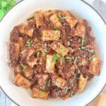 A bowl of rigatoni pasta topped with a rich, chunky short rib ragu sauce, garnished with grated cheese and fresh chopped basil.