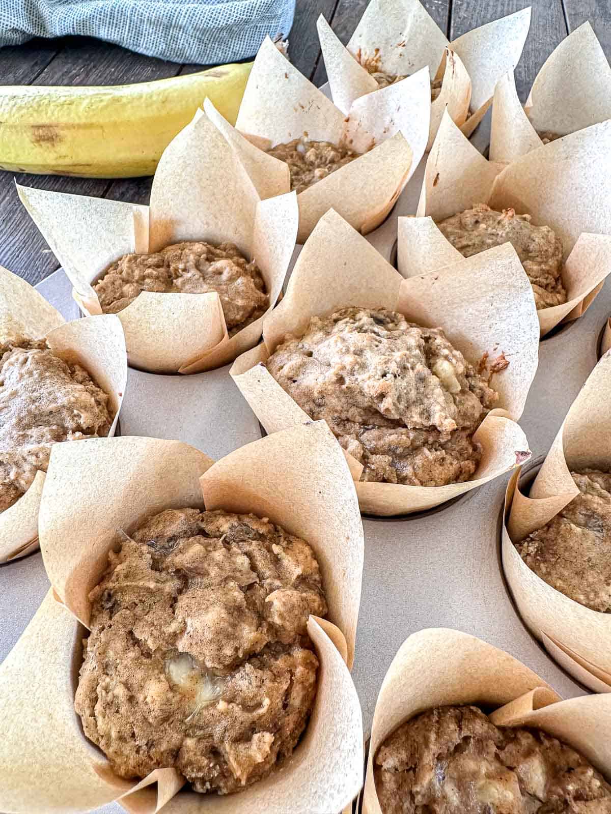 Banana Cottage cheese muffins in parchment muffin liners in a muffin tin.