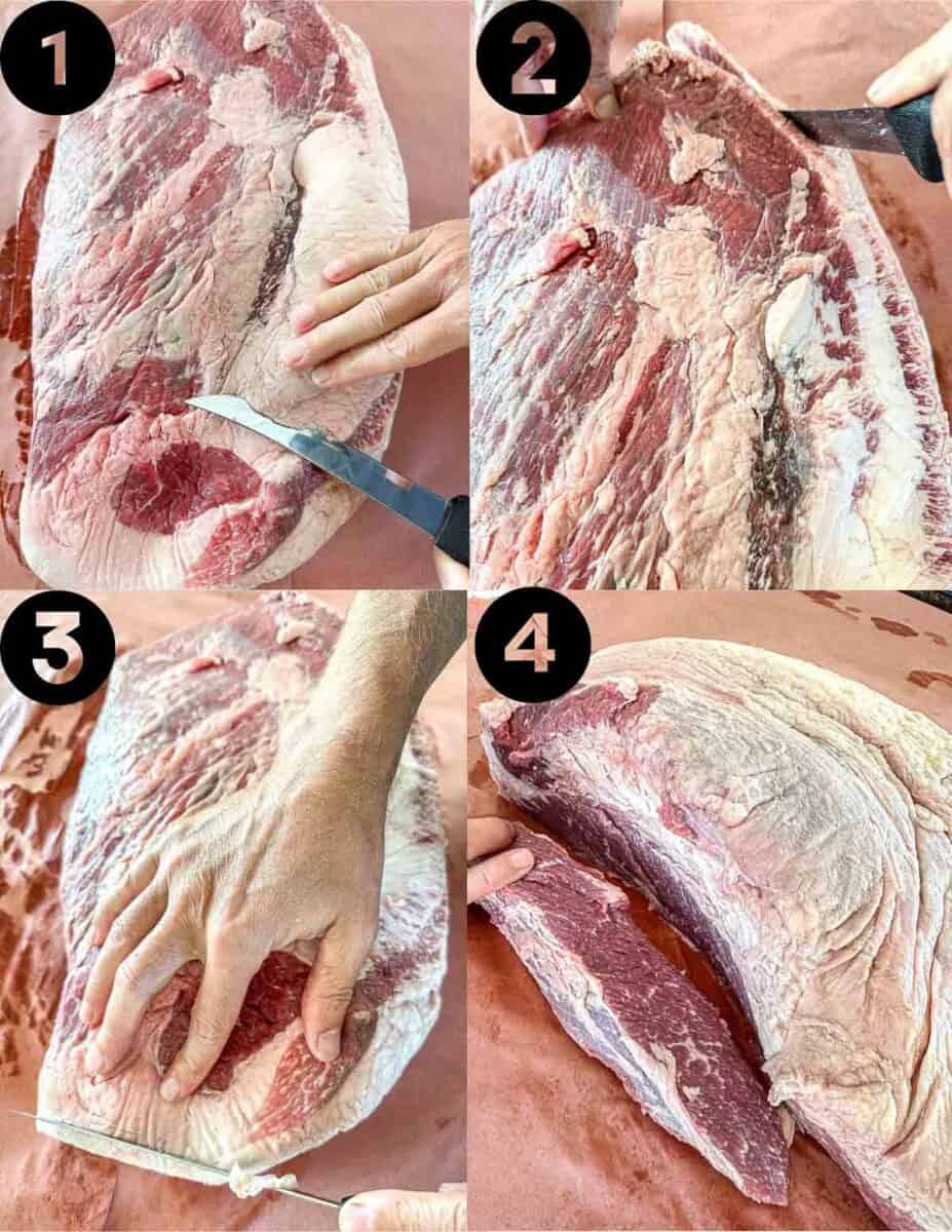 Four-step collage showing hands using a knife to trim fat from a large beef brisket. Each step is numbered, displaying the gradual removal of fat from the meat on a brown cutting board.