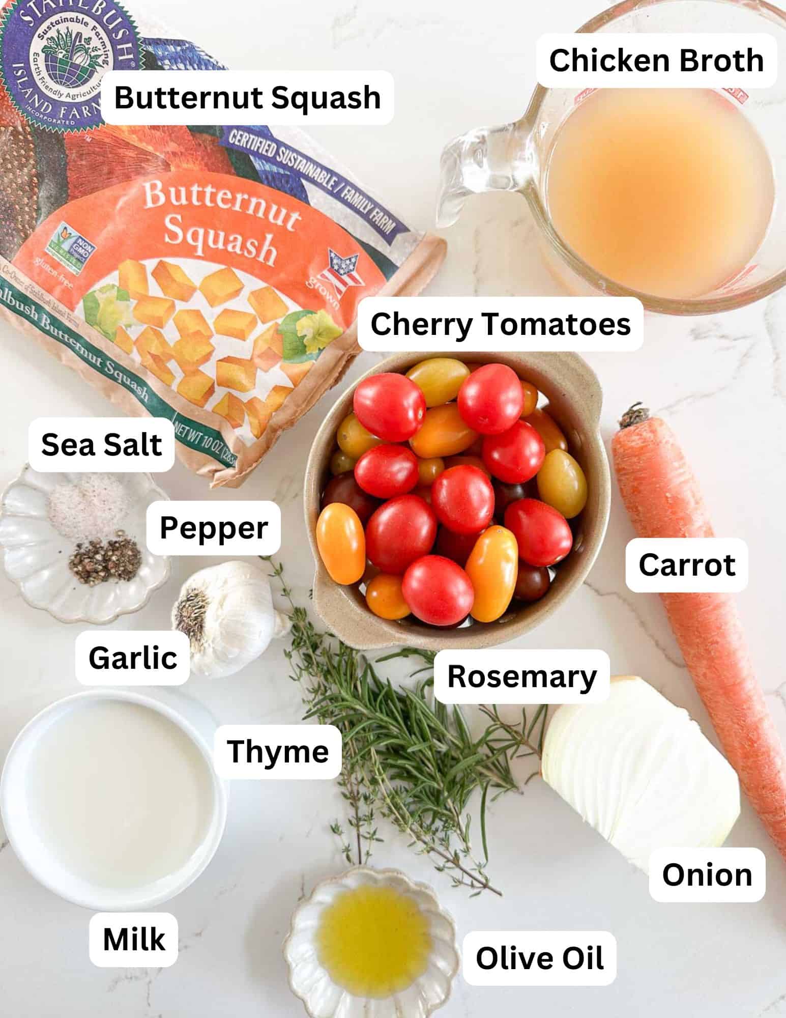 Ingredients for tomato and butternut squash soup.