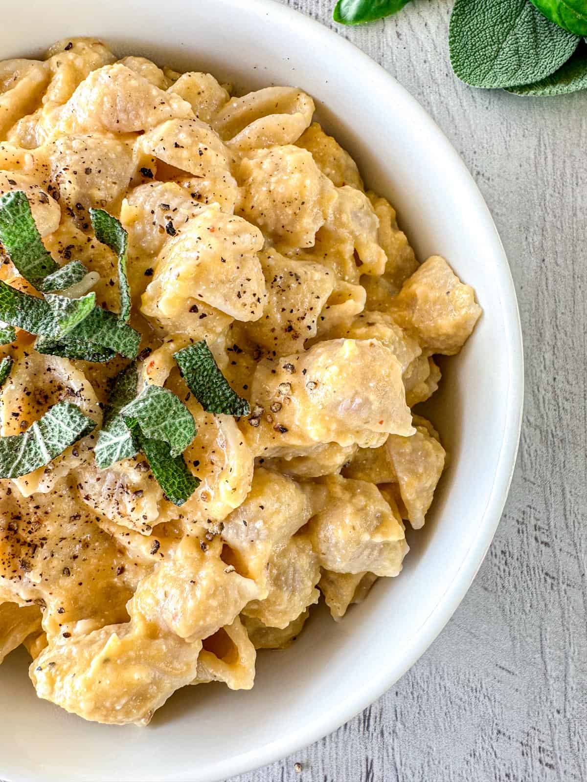 A white bowl filled with shell-shaped pasta coated in a creamy sauce, topped with ground black pepper and fresh sage leaves, sits on a light-colored surface.