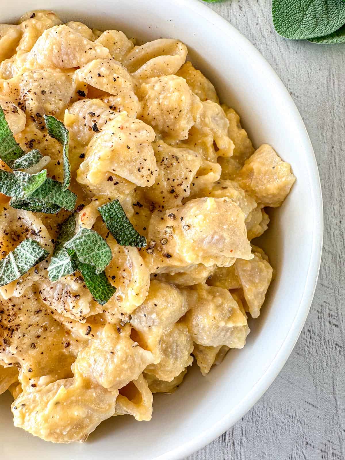 A white bowl filled with creamy feta butternut squash pasta with shells, garnished with cracked black pepper and sliced fresh sage leaves, sits on a light grey surface.
