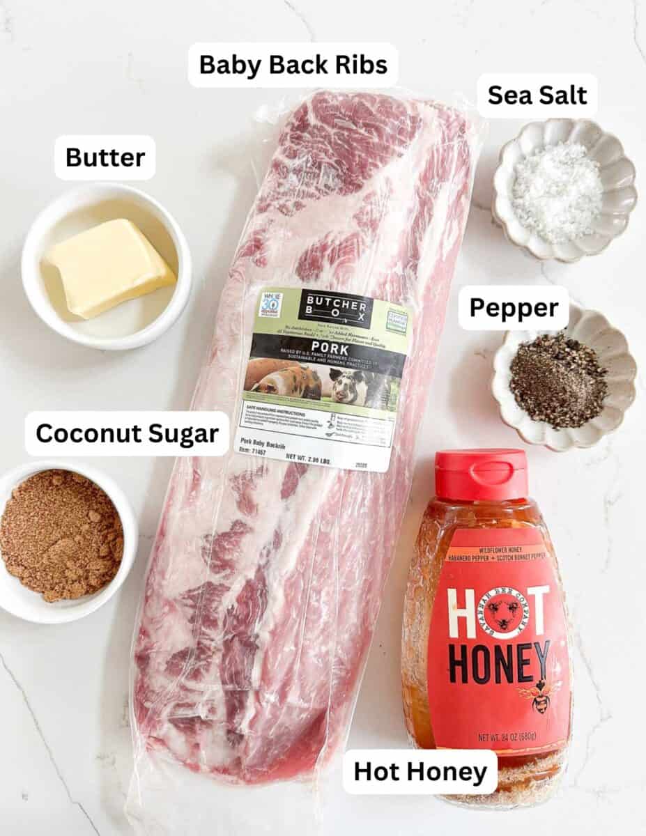 Labeled ingredients for Traeger smoked baby back ribs.