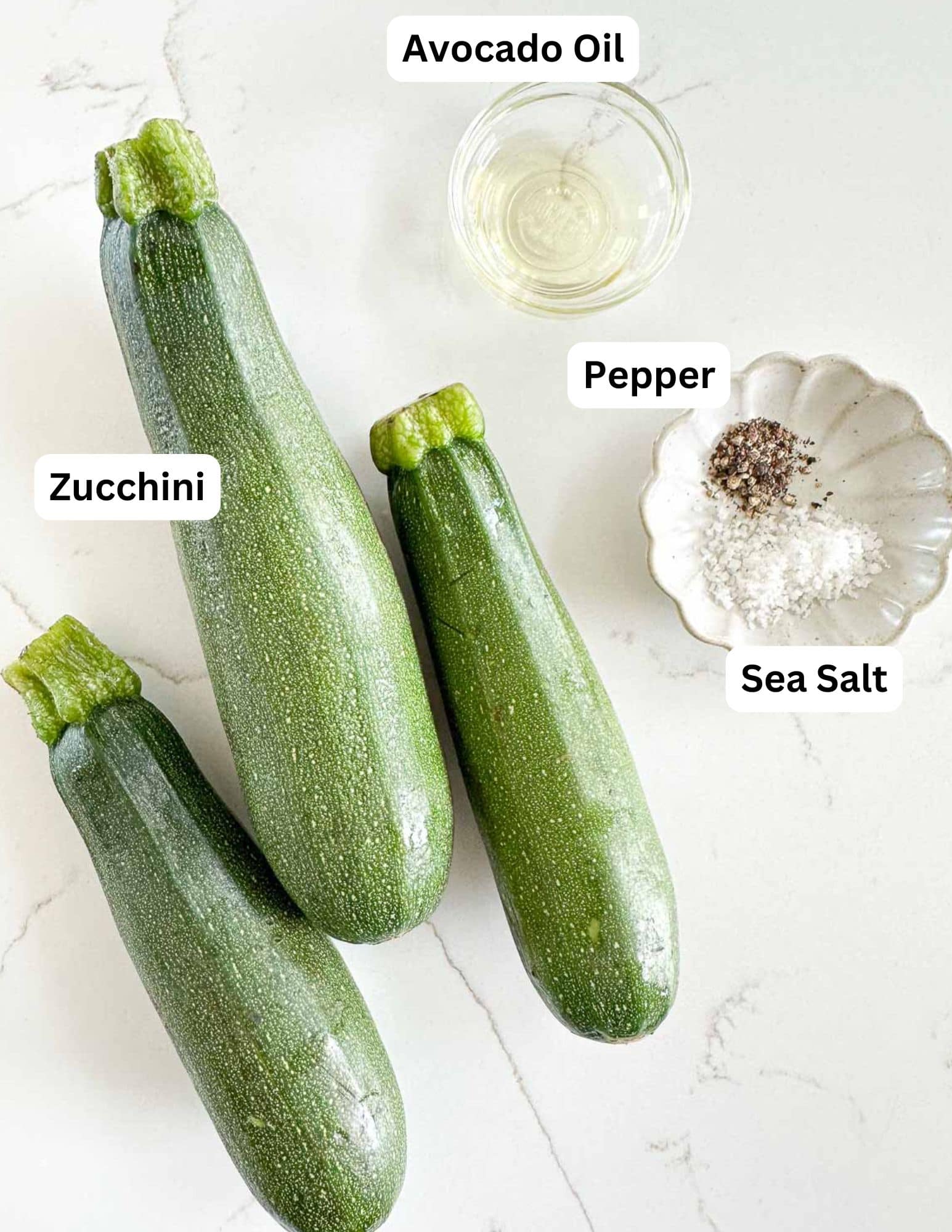 Labeled ingredient shot for smoked zucchini. 3 zucchini, avocado oil, salt and pepper.