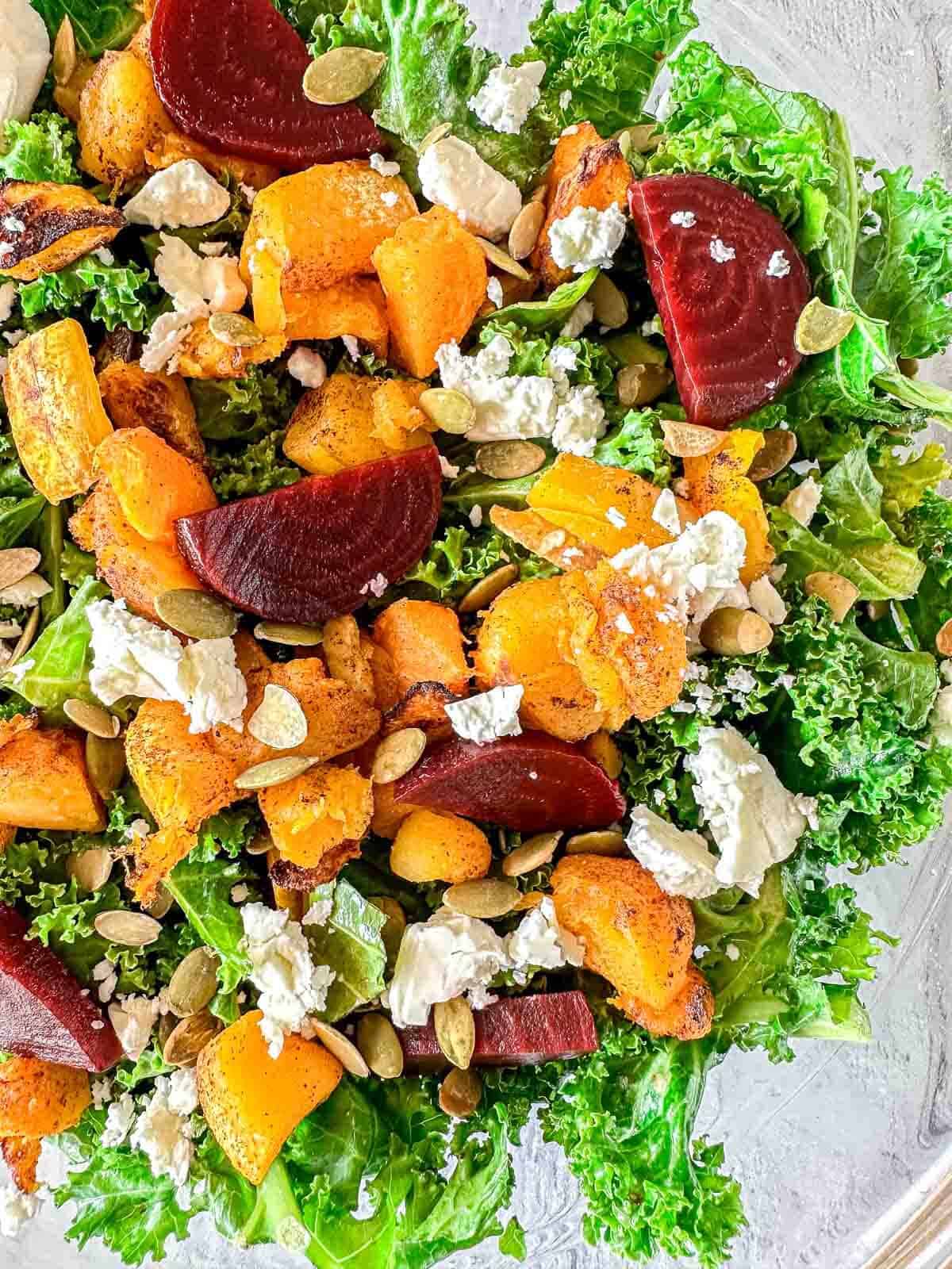 A fresh salad with kale, roasted butternut squash, sliced beets, crumbled feta cheese, and pumpkin seeds on a clear plate.
