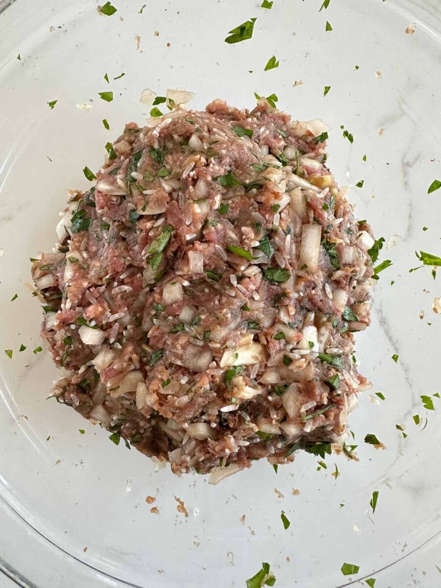 A mixture of raw ground meat, chopped onions, herbs, and seasonings formed into an oval shape on a clear glass plate.