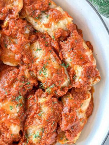 Stuffed cabbage rolls covered in rich tomato sauce, garnished with fresh dill, served in a white Dutch Oven.
