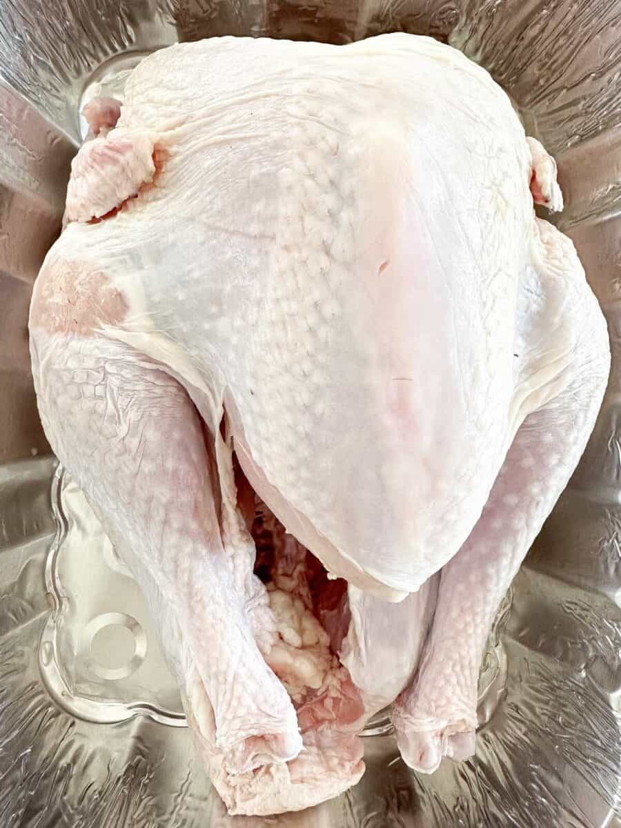 Raw whole turkey placed in a metal roasting pan, ready to be prepared for cooking. The skin is pale and unseasoned, and the wings, legs, and breast are clearly visible.