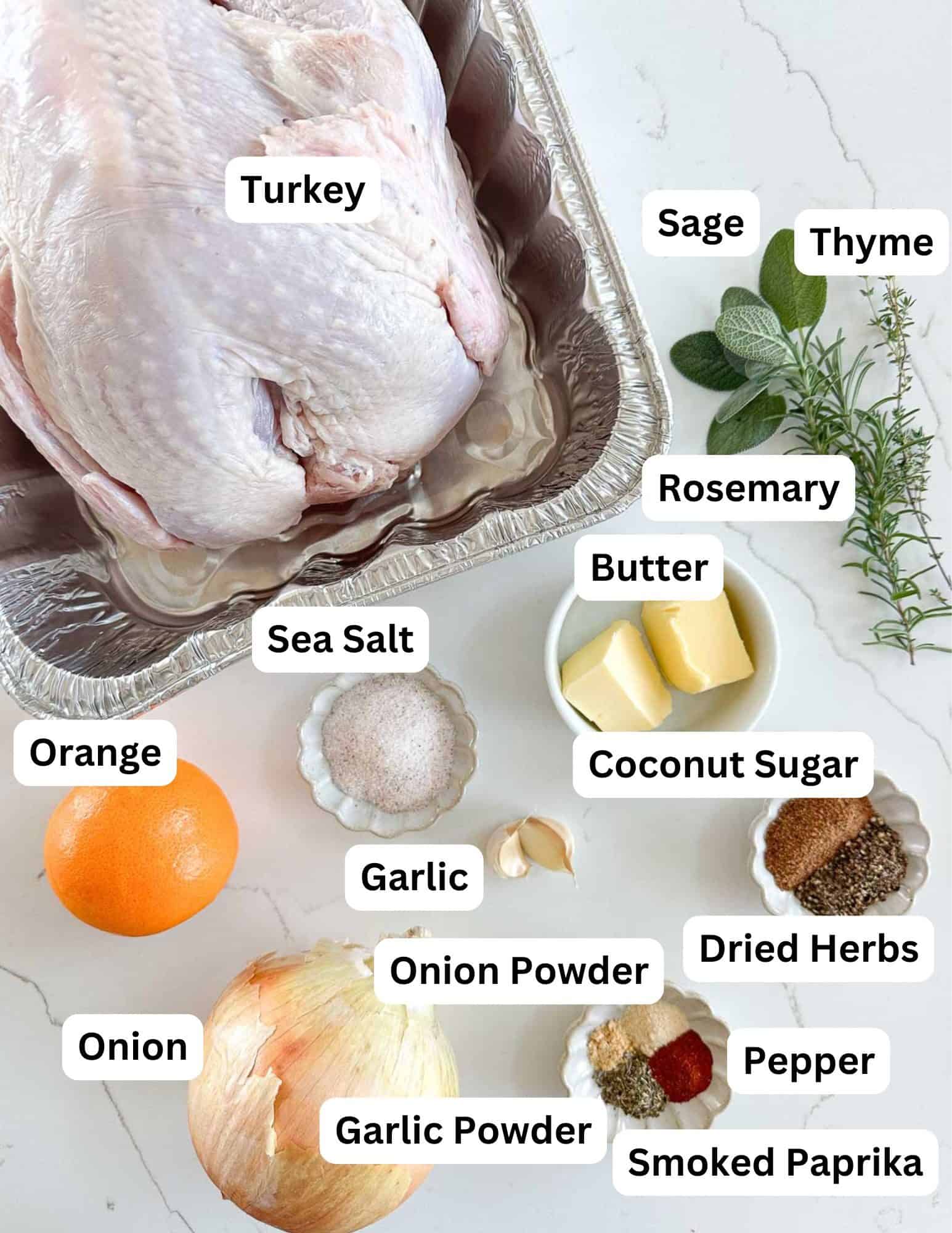 Raw turkey in a roasting pan surrounded by labeled ingredients: sage, thyme, rosemary, butter, coconut sugar, pepper, smoked paprika, dried herbs, garlic, onion, garlic powder, onion powder, sea salt, and orange.