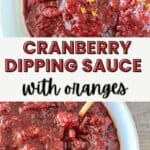Close-up photos of a bowl filled with thick, chunky cranberry dipping sauce, garnished with orange zest. Text reads: “Easy Side Dish! Cranberry Dipping Sauce with Oranges.”.