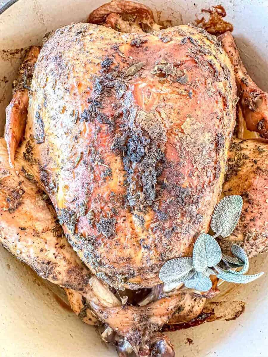 Roasted whole turkey with crispy, golden-brown skin, seasoned with herbs. A small sprig of fresh sage is placed near the bottom right corner of the turkey.