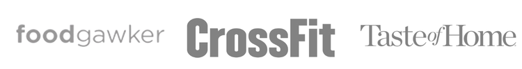 Logos for foodgawker, CrossFit, and Taste of Home are displayed in gray, centered on a light background.
