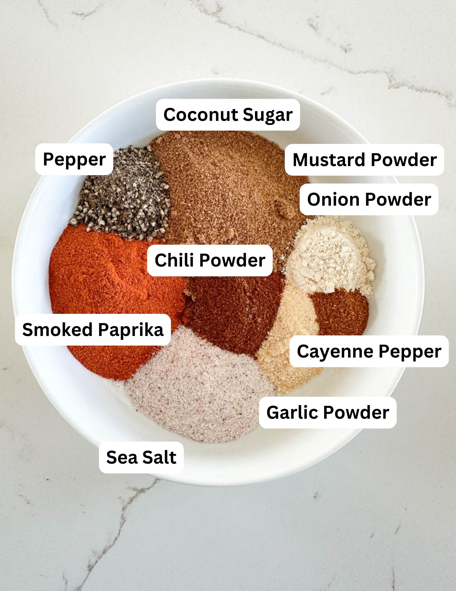A white bowl filled with neatly arranged piles of spices, each labeled: coconut sugar, mustard powder, onion powder, cayenne pepper, garlic powder, sea salt, smoked paprika, chili powder, and pepper.