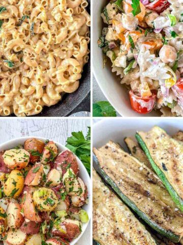 A collage of four dishes: creamy macaroni and cheese, pasta salad with chickpeas and vegetables, roasted red potatoes with herbs, and grilled zucchini slices garnished with parsley.
