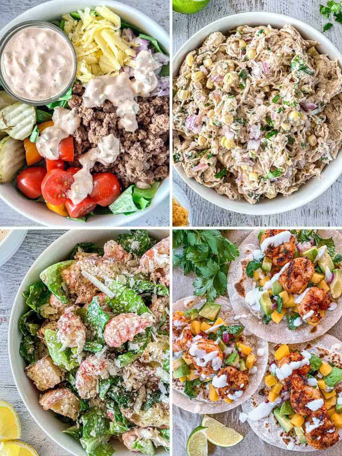A collage of four dishes: a burger salad with ground beef, tomatoes, and pickles; a creamy tuna pasta salad; a Caesar salad with shrimp; and shrimp tacos with mango salsa and lime wedges.