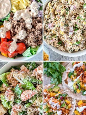 A collage of four dishes: a cheeseburger salad with tomatoes, pickles, and dressing; chicken salad with corn and herbs; shrimp Caesar salad; and shrimp tacos topped with mango salsa.