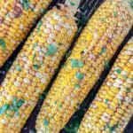 Smoked corn on the cob topped with fresh chopped herbs and a sprinkle of coarse salt, arranged closely together on a dark surface.