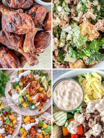A collage of four dishes: grilled chicken drumsticks, a tuna and spinach salad, shrimp tacos with mango salsa, and a taco salad with ground beef, cheese, vegetables, and creamy dressing.