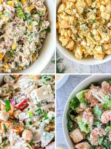 Four bowls of salad, including tuna salad with corn and herbs, egg salad with dill, creamy pasta salad with vegetables, and a green salad with croutons and shredded cheese, arranged on a light wooden surface.