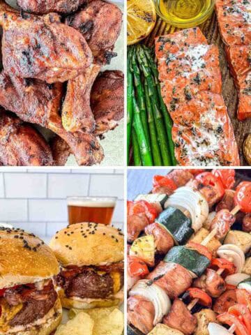 A collage of four images: grilled chicken wings, seasoned salmon fillets with asparagus and potatoes, cheeseburgers with chips and beer, and skewers of grilled meat and vegetables.