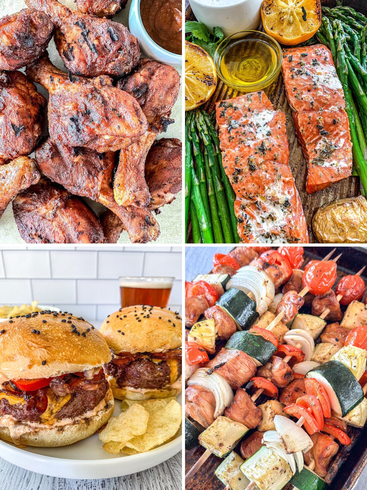 A collage of four grilled foods: barbecue chicken, salmon filets with asparagus and lemon, cheeseburgers with chips, and skewers with vegetables and meat. All dishes are colorful and arranged appetizingly.