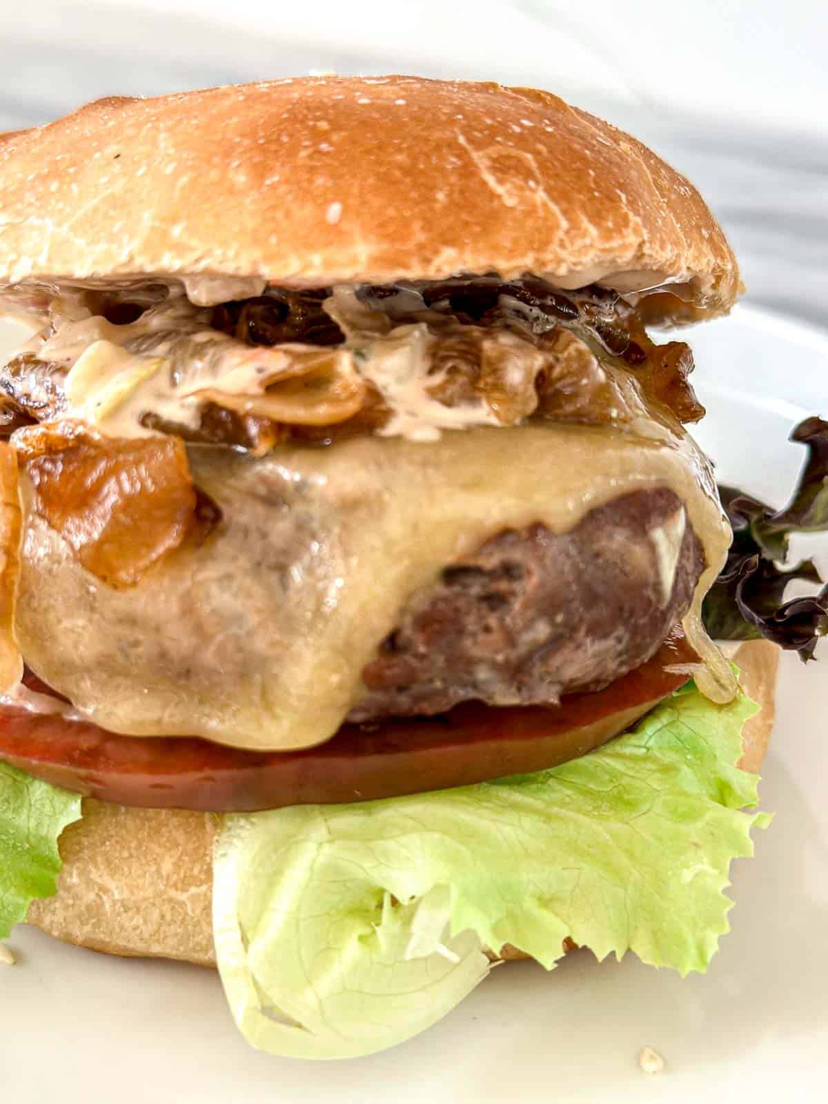Close-up of a juicy grilled hamburger topped with melted cheese, caramelized onions, lettuce, tomato, and sauce on a toasted bun, served on a white plate.