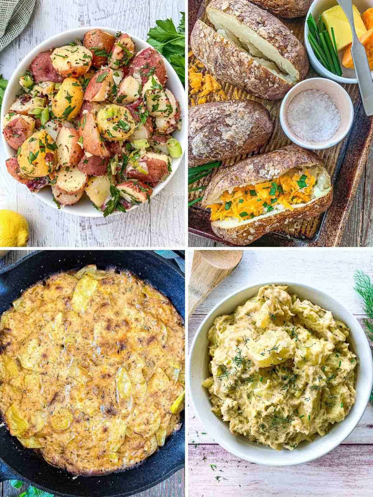 A collage of four potato dishes: a bowl of potato salad with herbs, baked potatoes with cheese and chives, a skillet of golden roasted potatoes, and a bowl of creamy mashed potatoes with dill.