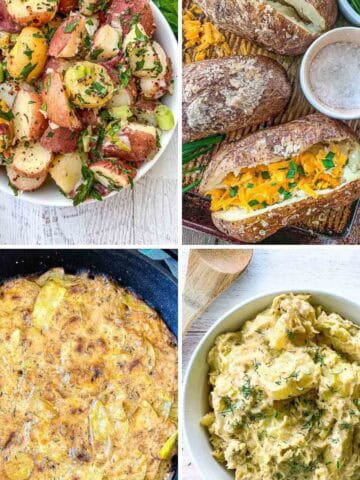 A collage of four potato dishes: herbed potato salad, baked potatoes with cheese, cheesy scalloped potatoes in a skillet, and creamy mashed potatoes garnished with herbs.