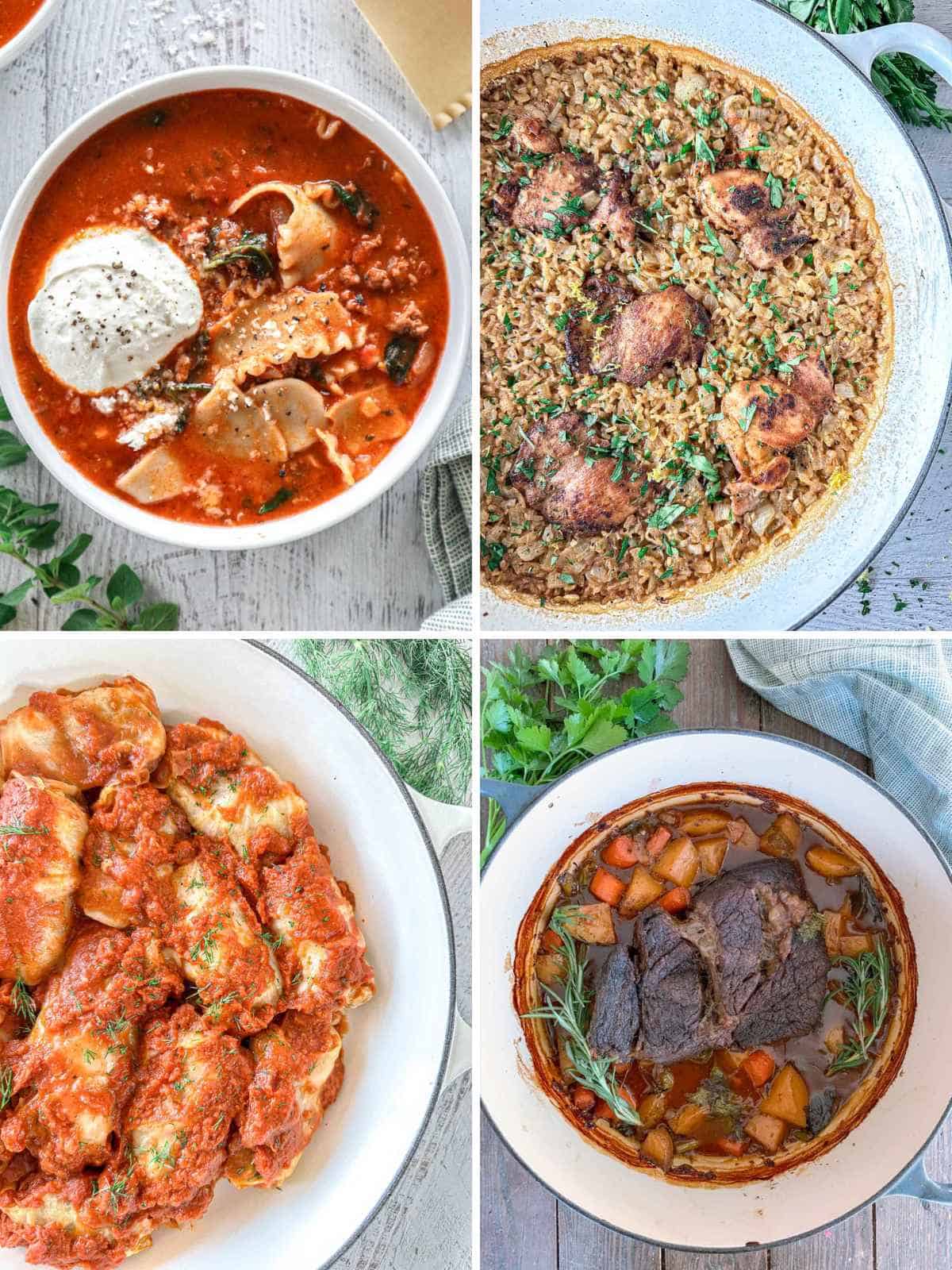 Four dishes: lasagna soup with cheese, baked chicken with rice, stuffed shells in red sauce, and a beef pot roast with vegetables, all served in white bowls on a light wooden table with fresh herbs around.