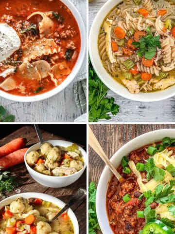 A collage of four bowls of soup: tomato-based with cheese, chicken noodle with vegetables, vegetable soup with cauliflower, and chili with beans, cheese, and green onions, garnished with fresh herbs.