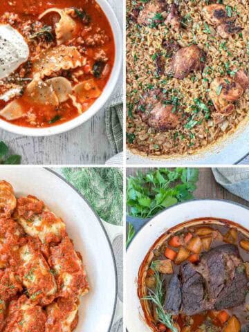 A collage of four dishes: lasagna soup, baked chicken with rice, stuffed shells in tomato sauce, and a pot roast with vegetables, garnished with herbs on a light table.