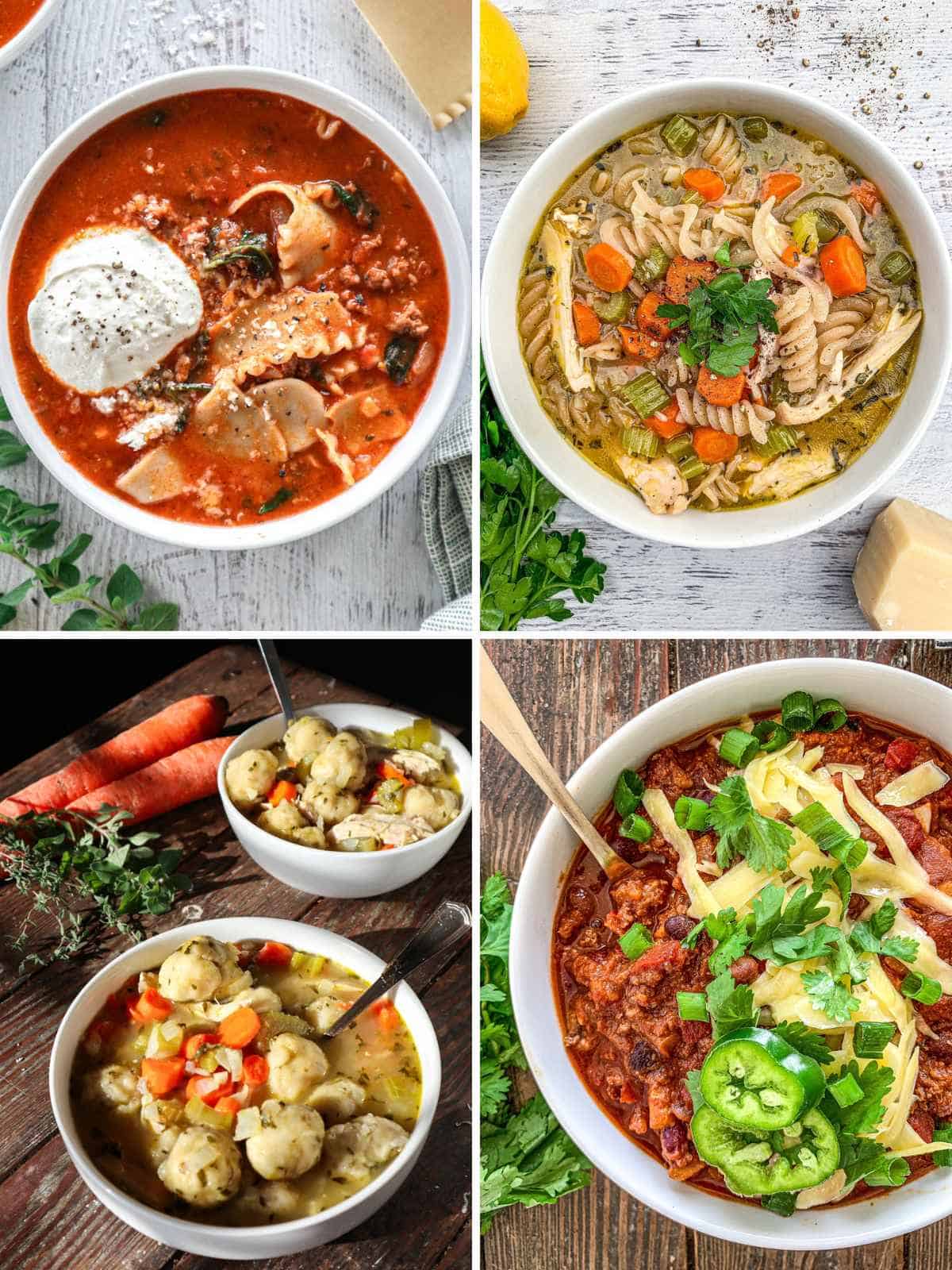 Four bowls of soup: tomato-based tortellini soup, chicken noodle soup with vegetables, vegetable soup with dumplings, and chili topped with cheese, jalapeño, and cilantro, all displayed on tables with garnishes.
