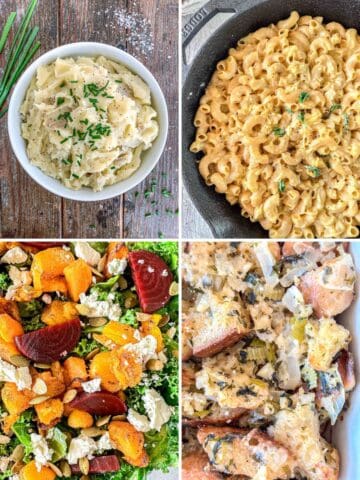 Four dishes: creamy pasta with chives, skillet macaroni and cheese, a salad with greens, beets, butternut squash, feta, and almonds, and a baked dish with bread, celery, and herbs.