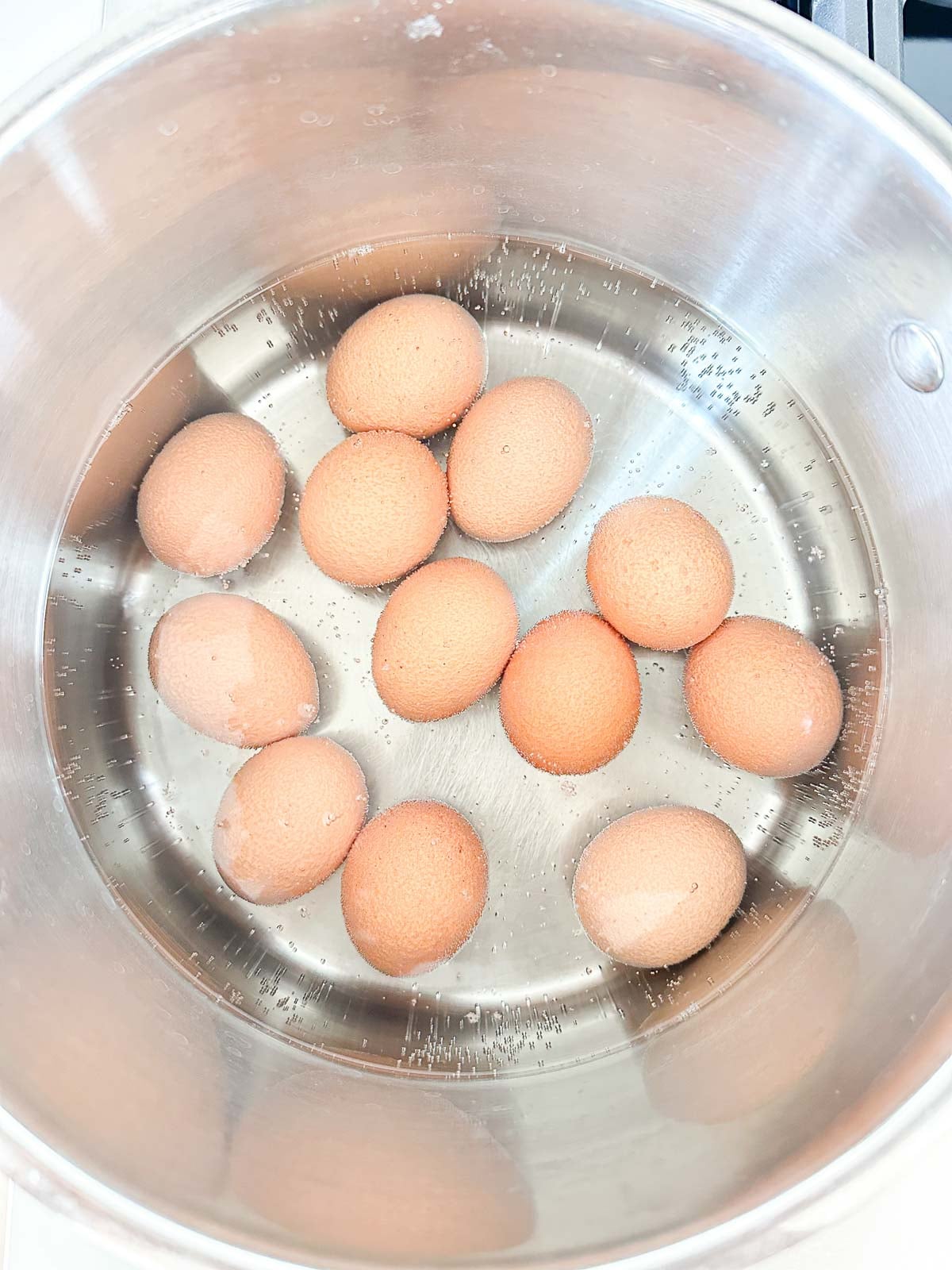 Twelve brown eggs sitting in a large stainless steel pot filled with water, preparing to be boiled on a stovetop.