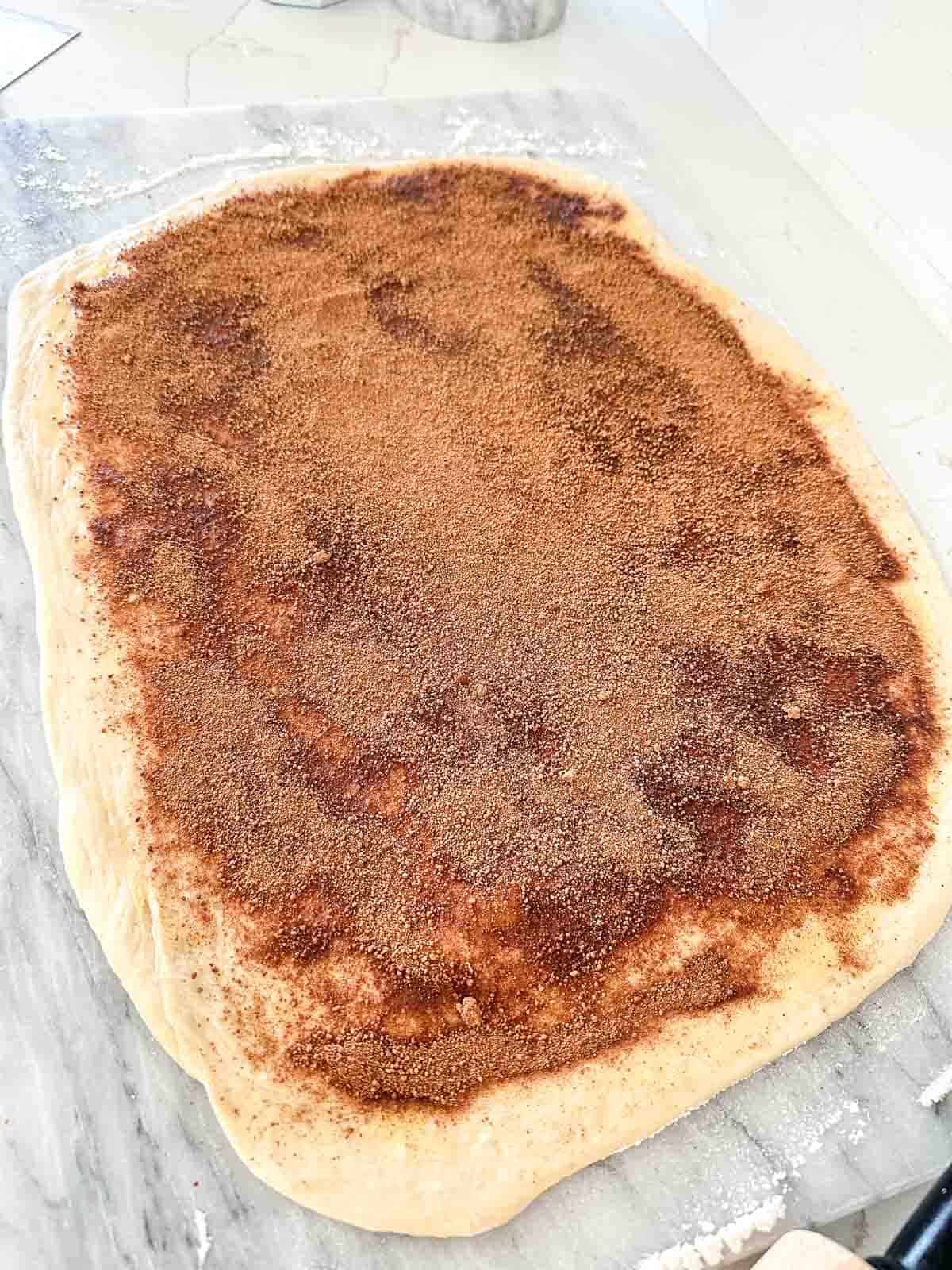 Rectangular sheet of sourdough covered in a layer of cinnamon sugar.