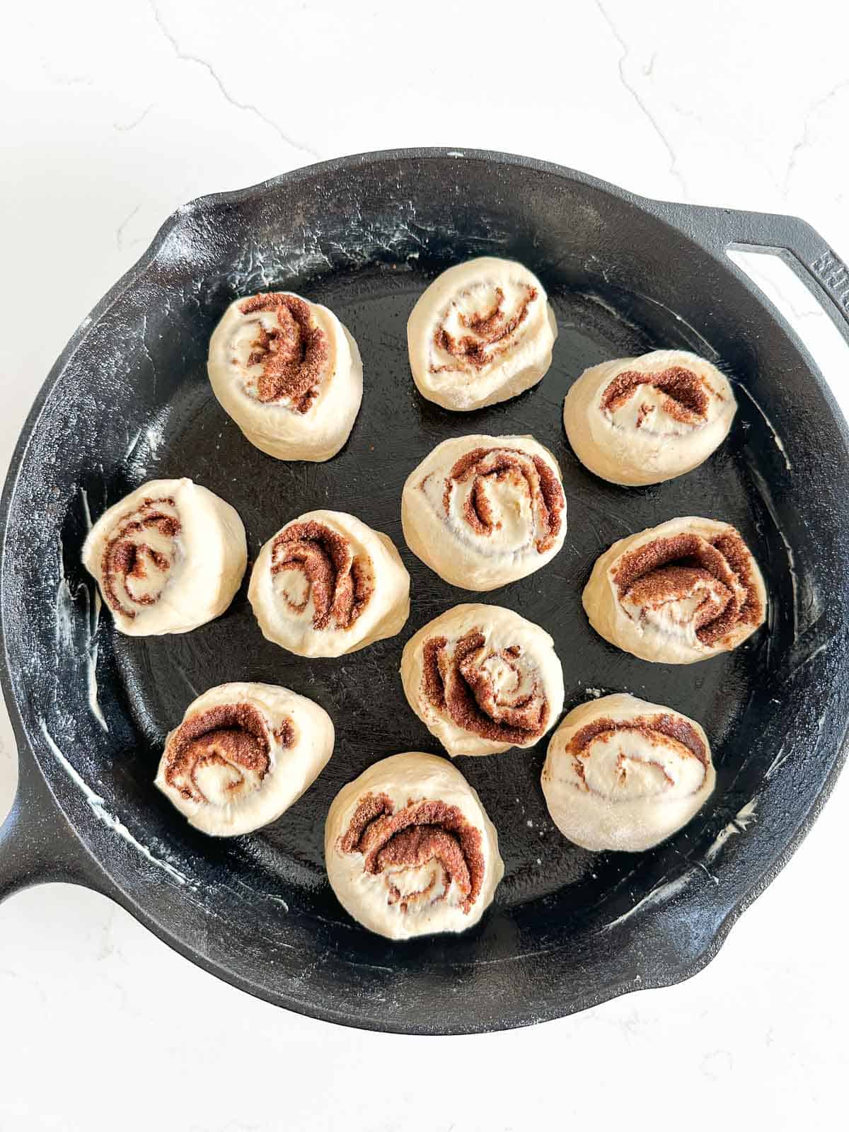 Raw sourdough cinnamon rolls arranged in a cast iron skillet.